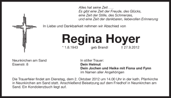 Traueranzeige von Regina Hoyer von Pegnitz-Zeitung